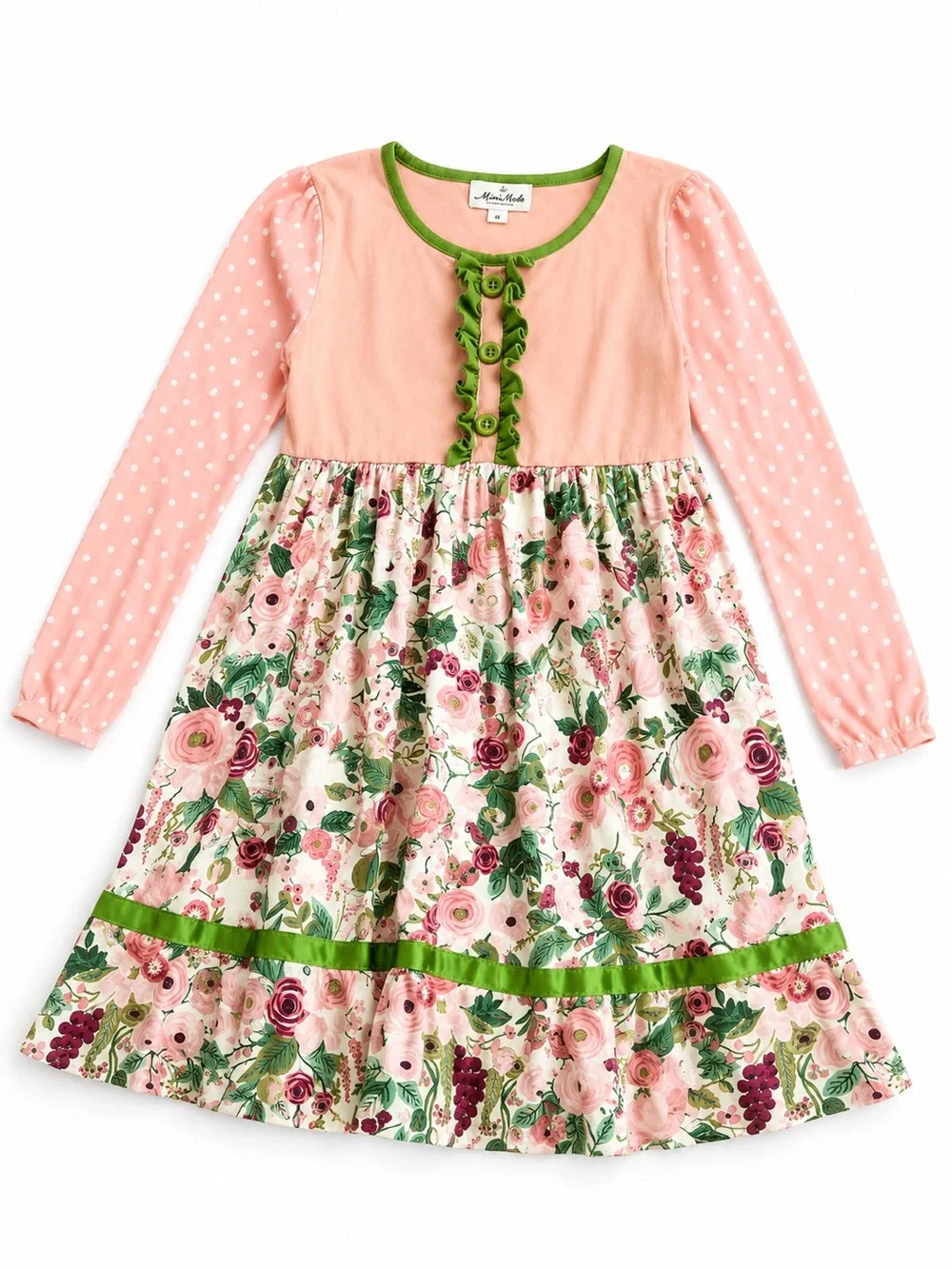 Marie Nicole 5XL Pink Floral Long-Sleeve A-Line Kids Dress with Green Trim